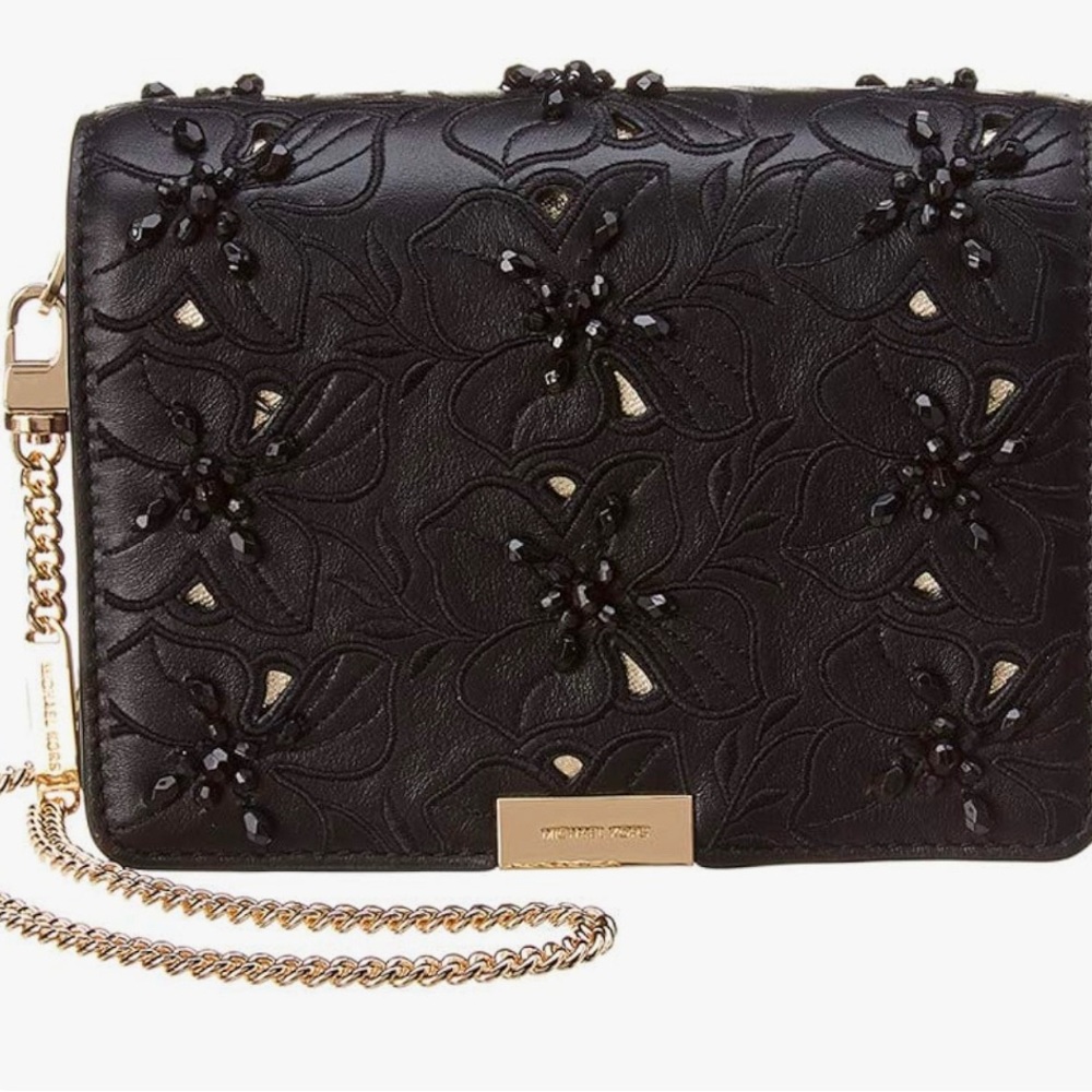 Michael Kors Black Floral Beaded Evening Clutch / Shoulder Bag